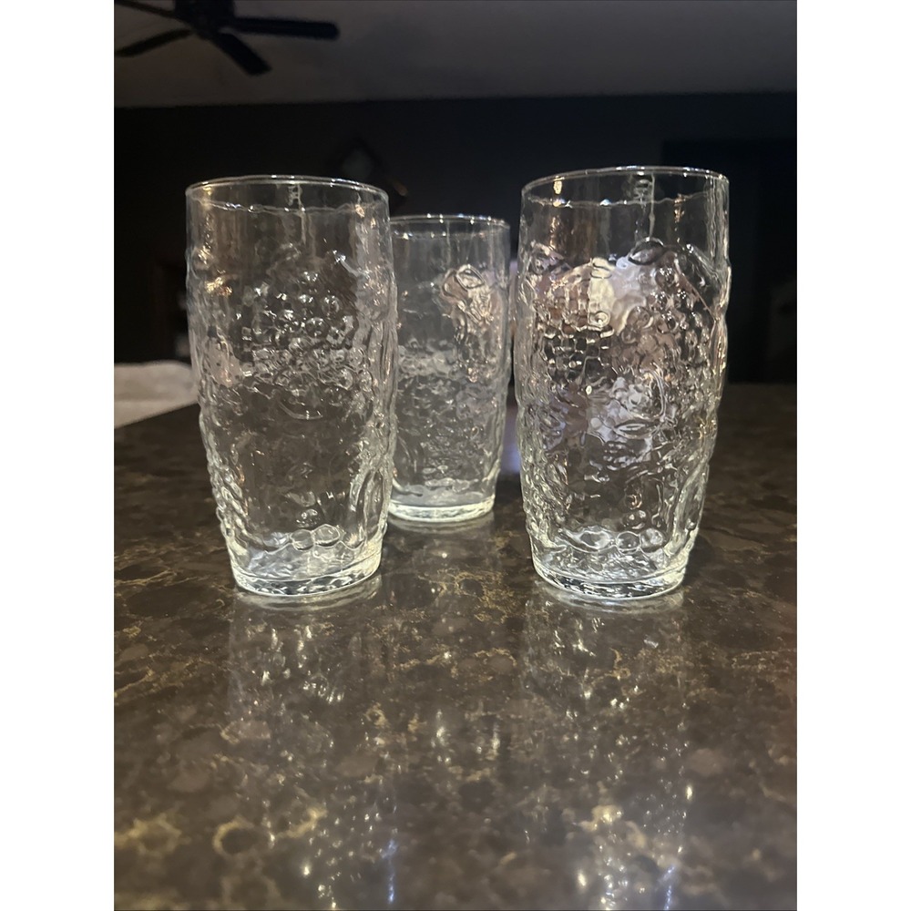 Vintage Clear Textured Bubble Glass Tumblers Set of 3 Highball Glasses 5.5 Inch